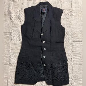 Vintage The Limited Linen Blend Sleeveless Blazer Black Embroidery Floral